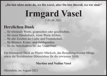 Traueranzeige von Irmgard Vasel  von Magdeburger Volksstimme
