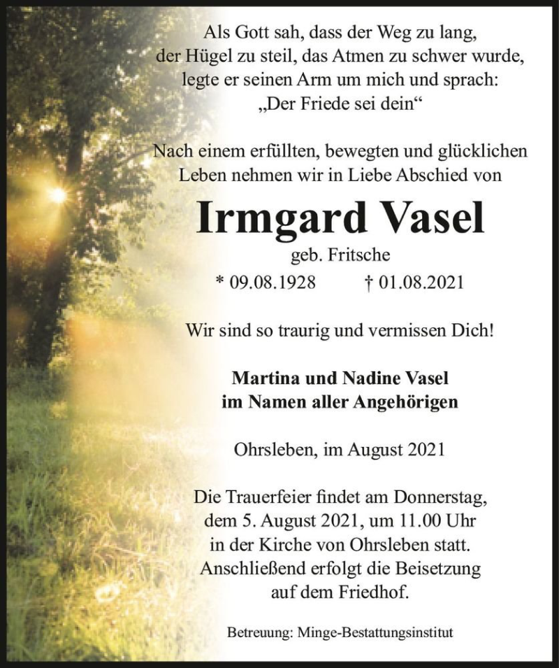  Traueranzeige für Irmgard Vasel (geb. Fritsche)  vom 04.08.2021 aus Magdeburger Volksstimme