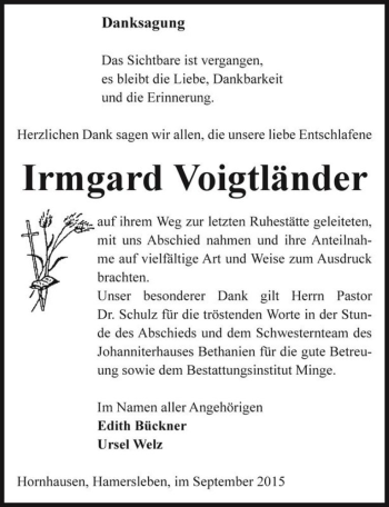 Traueranzeige von Irmgard Voigtländer  von Magdeburger Volksstimme