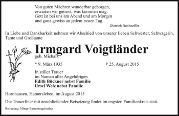 Traueranzeige von Irmgard Voigtländer (geb. Michalk)  von Magdeburger Volksstimme