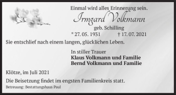 Traueranzeige von Irmgard Volkmann (geb. Schilling)  von Magdeburger Volksstimme
