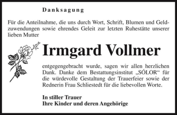Traueranzeige von Irmgard Vollmer  von Magdeburger Volksstimme