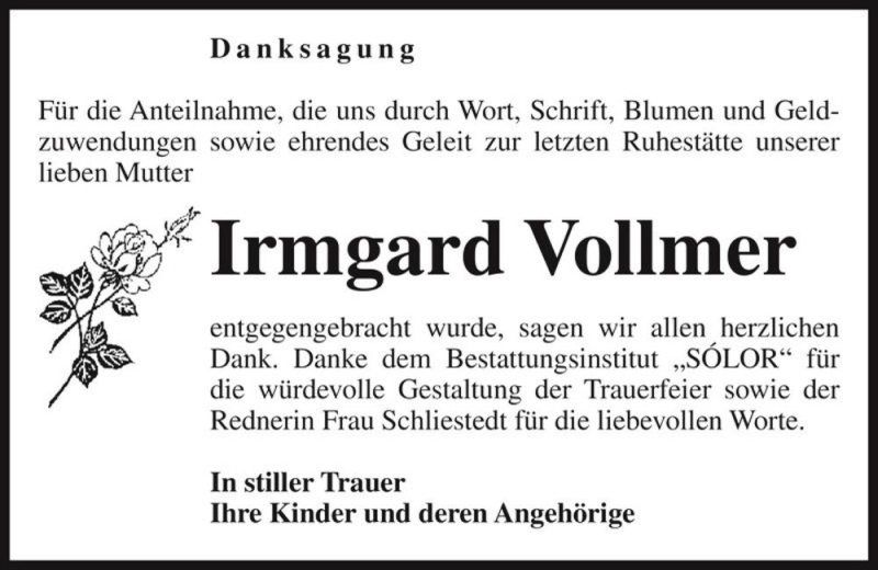  Traueranzeige für Irmgard Vollmer  vom 28.01.2017 aus Magdeburger Volksstimme