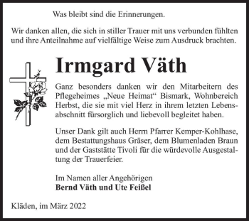 Traueranzeige von Irmgard Väth  von Magdeburger Volksstimme