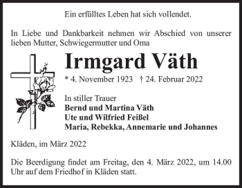 Traueranzeige von Irmgard Väth  von Magdeburger Volksstimme