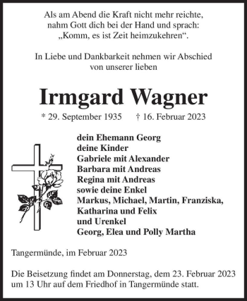Traueranzeige von Irmgard Wagner  von Magdeburger Volksstimme