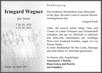 Traueranzeige von Irmgard Wagner (geb. Dreske)  von Magdeburger Volksstimme