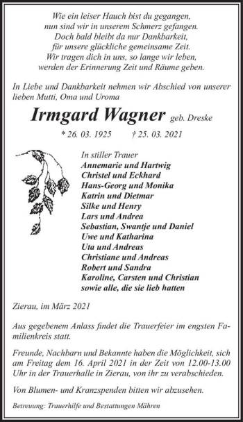 Traueranzeige von Irmgard Wagner (geb. Dreske)  von Magdeburger Volksstimme