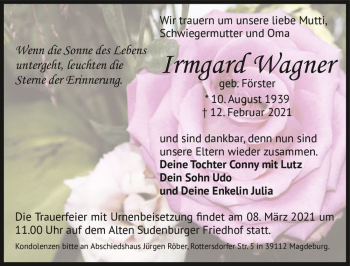 Traueranzeige von Irmgard Wagner (geb. Förster)  von Magdeburger Volksstimme