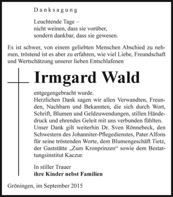 Traueranzeige von Irmgard Wald  von Magdeburger Volksstimme