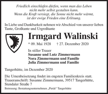 Traueranzeige von Irmgard Walinski  von Magdeburger Volksstimme