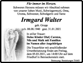 Traueranzeige von Irmgard Walter (geb. Gropp)  von Magdeburger Volksstimme