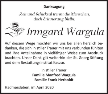 Traueranzeige von Irmgard Wargula  von Magdeburger Volksstimme