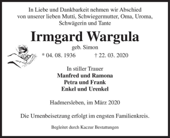 Traueranzeige von Irmgard Wargula (geb. Simon)  von Magdeburger Volksstimme
