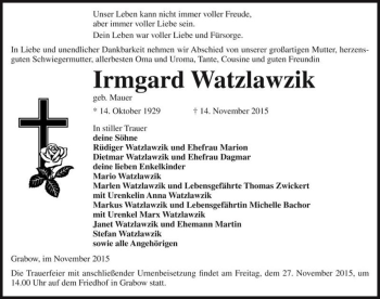 Traueranzeige von Irmgard Watzlawzik (geb. Mauer)  von Magdeburger Volksstimme