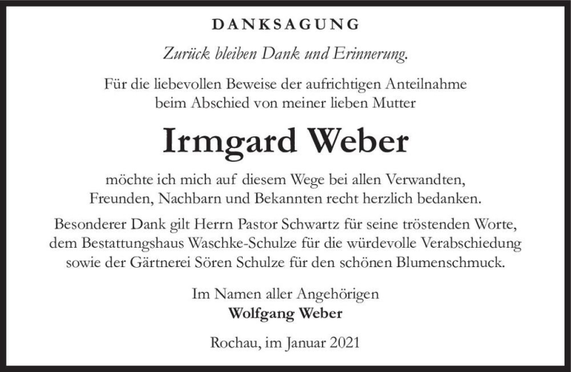  Traueranzeige für Irmgard Weber  vom 19.01.2021 aus Magdeburger Volksstimme