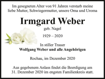Traueranzeige von Irmgard Weber (geb. Nagel)  von Magdeburger Volksstimme