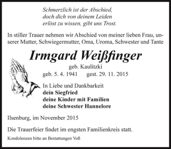 Traueranzeige von Irmgard Weißfinger (geb. Kaulitzki)  von Magdeburger Volksstimme