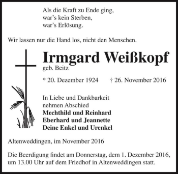 Traueranzeige von Irmgard Weißkopf (geb. Beitz)  von Magdeburger Volksstimme