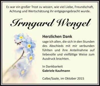 Traueranzeige von Irmgard Wengel  von Magdeburger Volksstimme