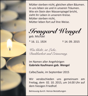 Traueranzeige von Irmgard Wengel (geb. Michael)  von Magdeburger Volksstimme