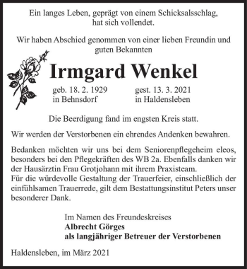 Traueranzeige von Irmgard Wenkel  von Magdeburger Volksstimme