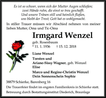 Traueranzeige von Irmgard Wenzel (geb. Rosenbaum)  von Magdeburger Volksstimme