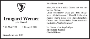 Traueranzeige von Irmgard Werner (geb. Stannull)  von Magdeburger Volksstimme