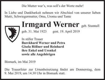 Traueranzeige von Irmgard Werner (geb. Stannull)  von Magdeburger Volksstimme