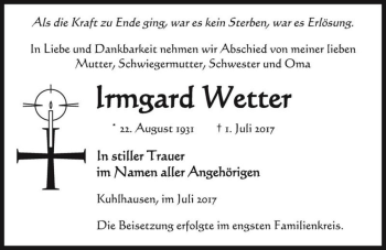 Traueranzeige von Irmgard Wetter  von Magdeburger Volksstimme