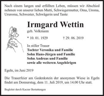 Traueranzeige von Irmgard Wettin (geb. Volkmann)  von Magdeburger Volksstimme