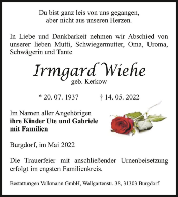 Traueranzeige von Irmgard Wiehe (geb. Kerkow)  von Magdeburger Volksstimme
