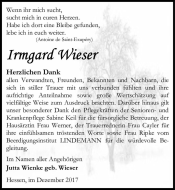 Traueranzeige von Irmgard Wieser  von Magdeburger Volksstimme