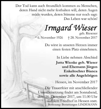 Traueranzeige von Irmgard Wieser (geb. Riesener)  von Magdeburger Volksstimme