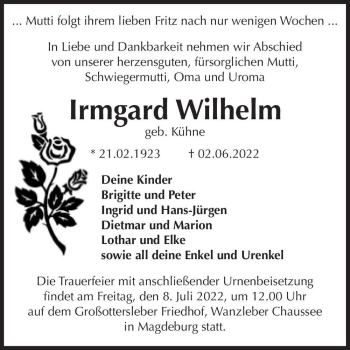 Traueranzeige von Irmgard Wilhelm (geb. Kühne)  von Magdeburger Volksstimme