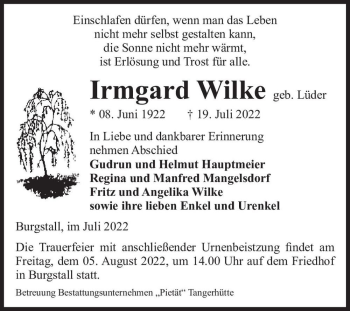 Traueranzeige von Irmgard Wilke (geb. Lüder)  von Magdeburger Volksstimme