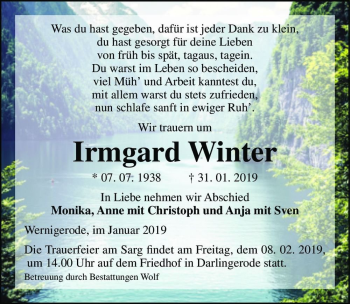 Traueranzeige von Irmgard Winter  von Magdeburger Volksstimme