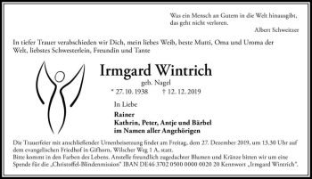 Traueranzeige von Irmgard Wintrich (geb. Nagel)  von Magdeburger Volksstimme