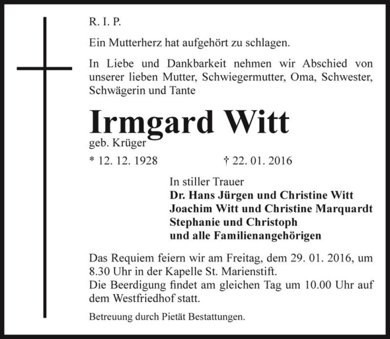  Traueranzeige für Irmgard Witt (geb. Krüger)  vom 27.01.2016 aus Magdeburger Volksstimme