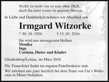Traueranzeige von Irmgard Witzorke  von Magdeburger Volksstimme