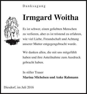 Traueranzeige von Irmgard Woitha  von Magdeburger Volksstimme