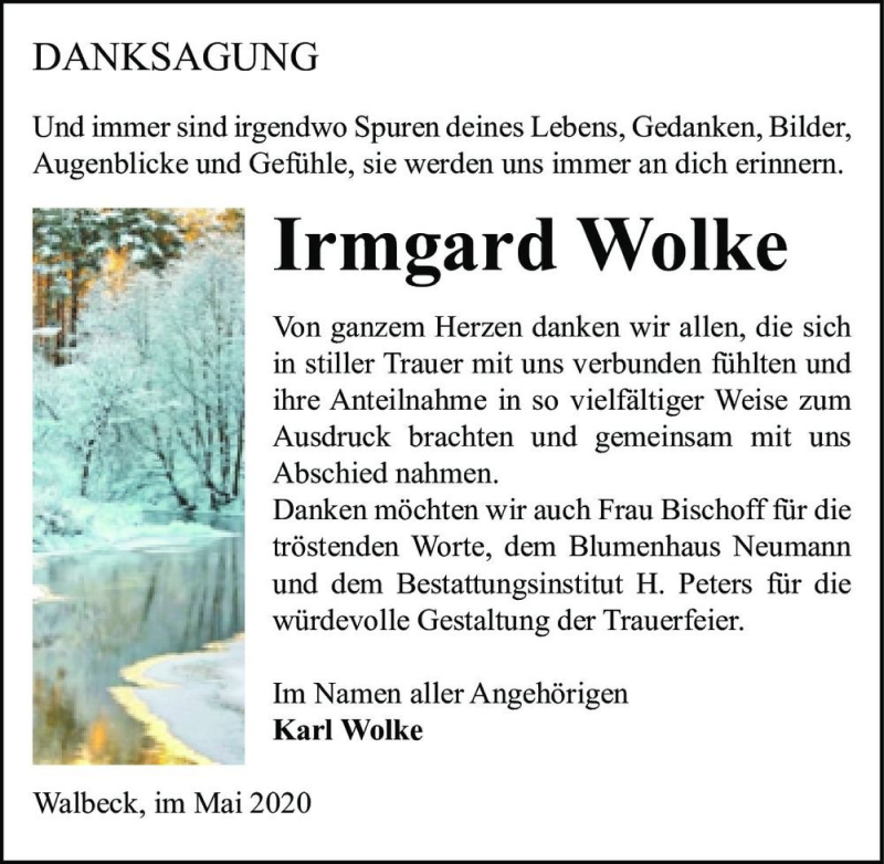  Traueranzeige für Irmgard Wolke  vom 16.05.2020 aus Magdeburger Volksstimme