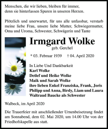 Traueranzeige von Irmgard Wolke (geb. Gerchel)  von Magdeburger Volksstimme