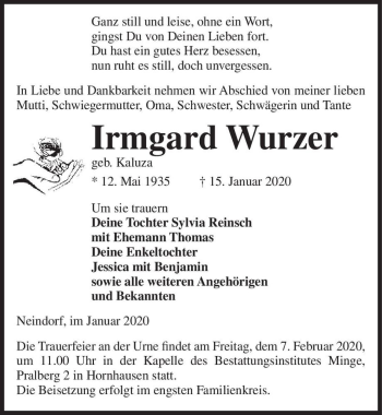 Traueranzeige von Irmgard Wurzer (geb. Kaluza)  von Magdeburger Volksstimme