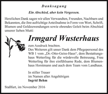 Traueranzeige von Irmgard Wusterhaus  von Magdeburger Volksstimme