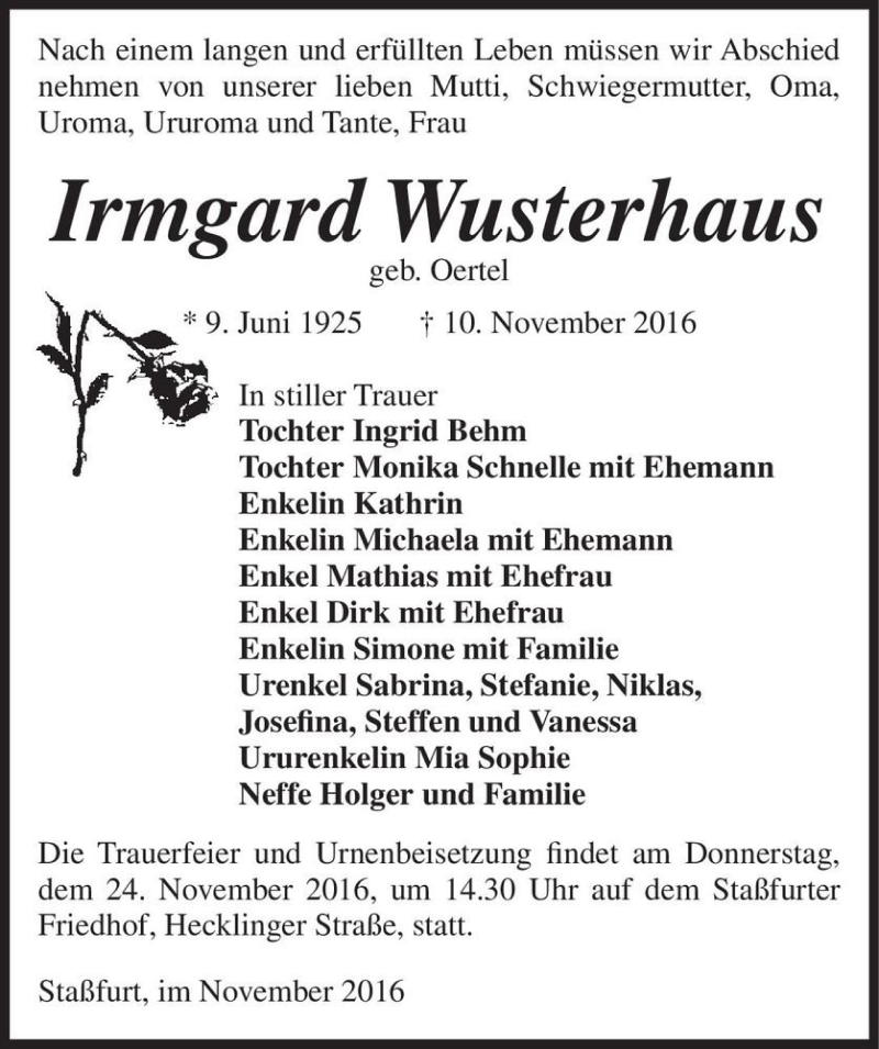  Traueranzeige für Irmgard Wusterhaus (geb. Oertel)  vom 19.11.2016 aus Magdeburger Volksstimme