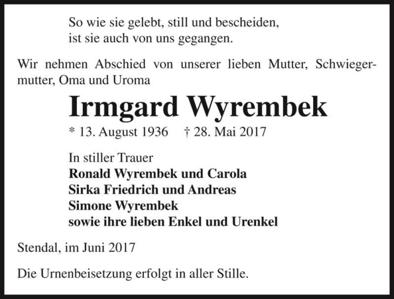  Traueranzeige für Irmgard Wyrembek  vom 02.06.2017 aus Magdeburger Volksstimme