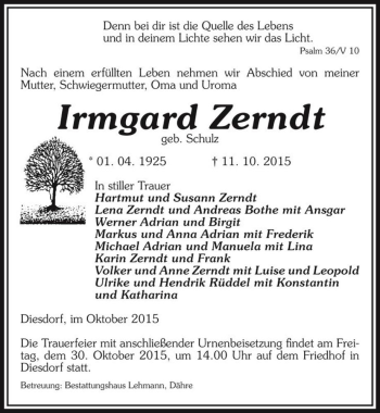 Traueranzeige von Irmgard Zerndt (geb. Schulz)  von Magdeburger Volksstimme