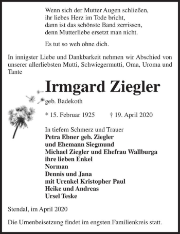 Traueranzeige von Irmgard Ziegler (geb. Badekoth)  von Magdeburger Volksstimme