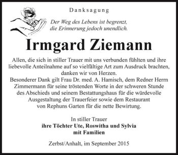 Traueranzeige von Irmgard Ziemann  von Magdeburger Volksstimme